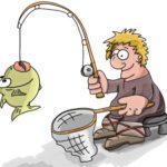 человек с удочкой и сачком для ловли рыбы. иллюстрация
