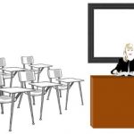женщина за столом в школьном классе. иллюстрация