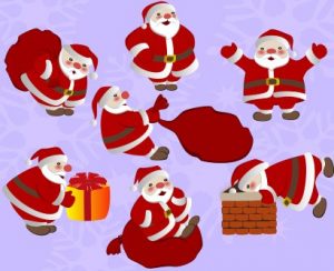 множество Санта Клаусов (дедов Морозов) с мешками. иллюстрация