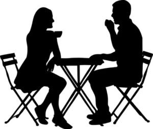 Силуэты мужчины и женщины за столом. иллюстрация