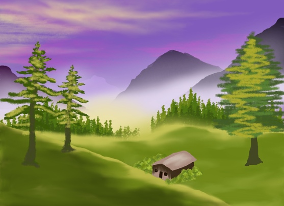 Зеленые холмы, сосны и горы. иллюстрация