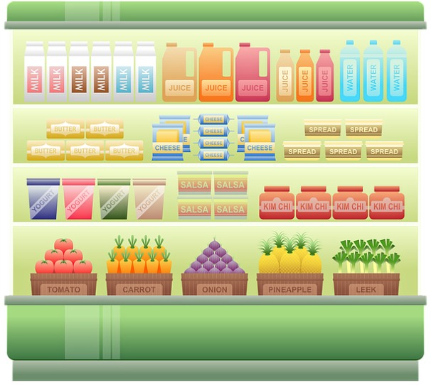 Полки с продуктами в магазине. иллюстрация