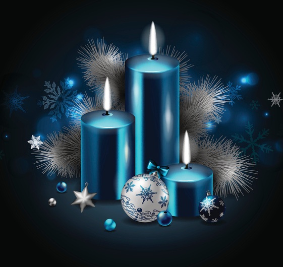 Зажженные синие свечи и праздничный декор. иллюстрация