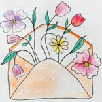 Нарисованные цветы в нарисованном конверте. иллюстрация