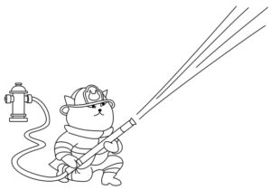 Забавный кот в пожарной форме с огнетушителем и шлангом. иллюстрация