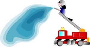 Пожарная машина с пожарным наверху и льющейся из шланга водой. иллюстрация