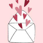 Белый конверт на розовом фоне с разлетающимися сердечками. иллюстрация