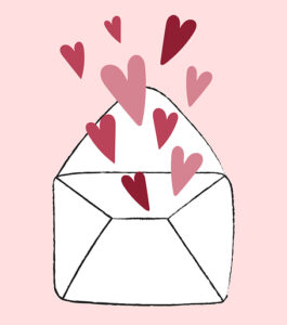 Белый конверт на розовом фоне с разлетающимися сердечками. иллюстрация