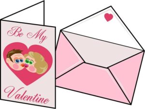 Розовый конверт и открытка с изображением целующейся пары. иллюстрация