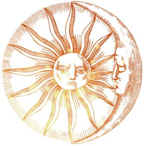 Солнце с лицом и с месяцем. иллюстрация
