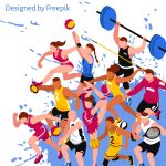 Группа людей с разным спортивным инвентарем. иллюстрация