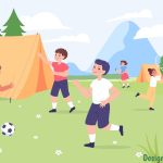 Дети играют на лужайке с мячом, ракетками и скакалкой. иллюстрация