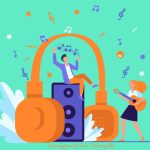 Парень и девушка среди музыкальных предметов и летающих вокруг них нот. иллюстрация